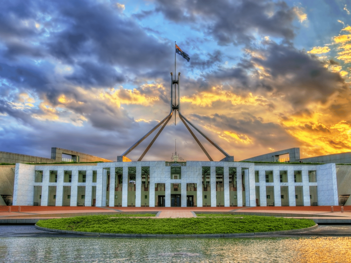 Parliament House in Canberra at dusk