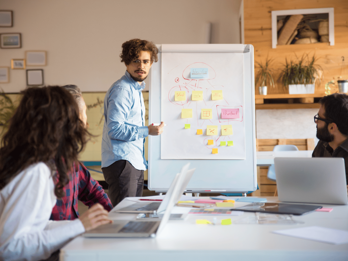 A consultant running a planning workshop at a flip chart covered in sticky notes