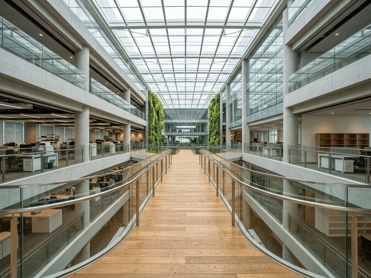 A multi-level glass office atrium with open workspaces