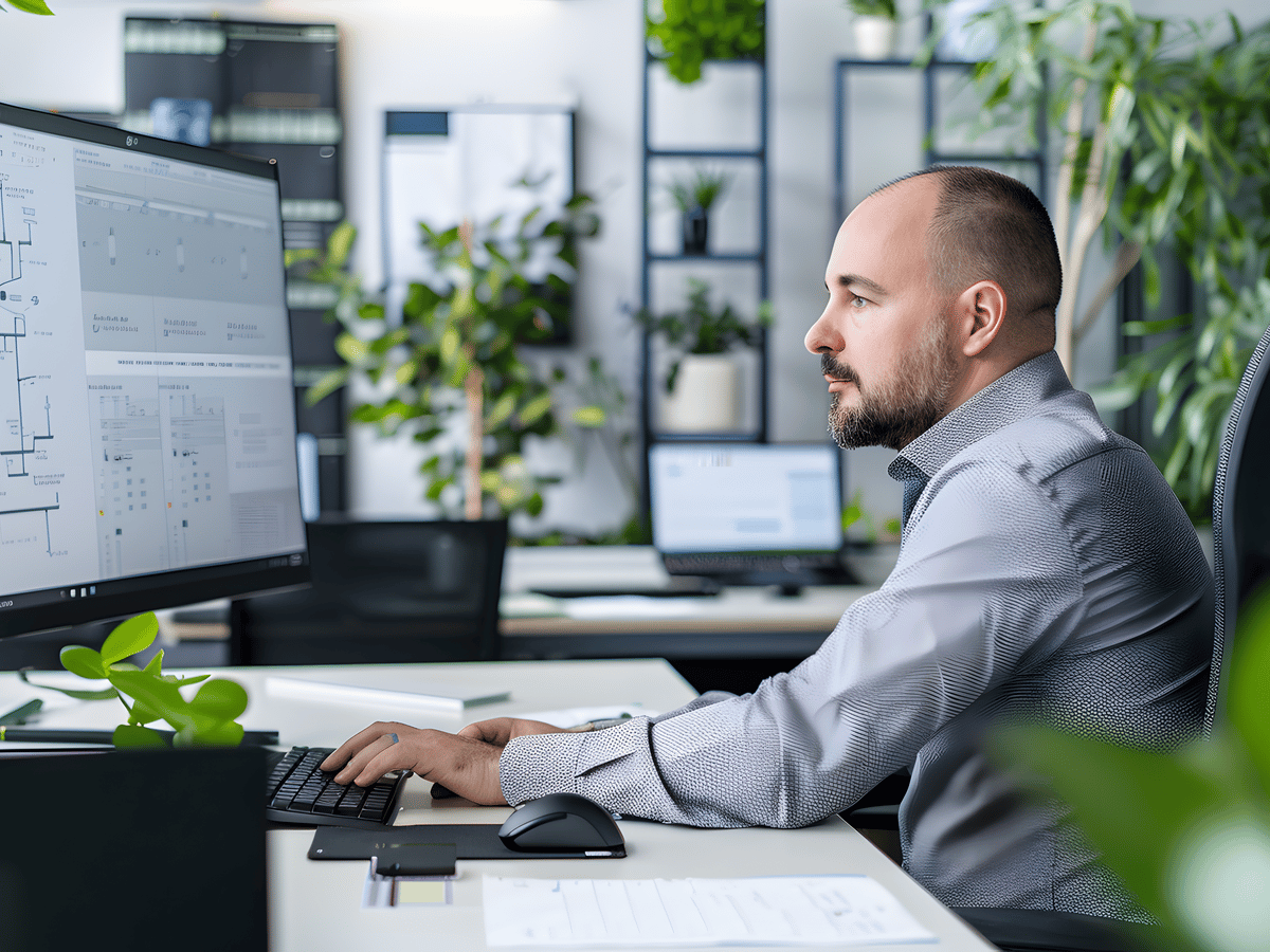 An engineer working at two monitors in an office
